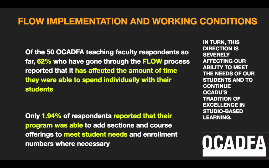 This is a screenshot of a slide. It is a black background with orange, white and green-yellow font. At the lower right is the OCADFA logo. The header title reads: "FLOW IMPLEMENTATION AND WORKING CONDITIONS" and below it in white and green coloured font the text body reads: "Of the 50 OCADFA teaching faculty respondents so far, 62% who have gone through the FLOW process reported that it has affected the amount of time they were able to spend individually with their students. Only 1.94% of respondents reported that their program was able to add sections and course offerings to meet student needs and enrolment numbers where necessary." The text along the right hand portion of the slide reads: "In turn, this direction is severely affecting our ability to meet the needs of our students and to continue OCADU's tradition of excellence in studio-based learning."