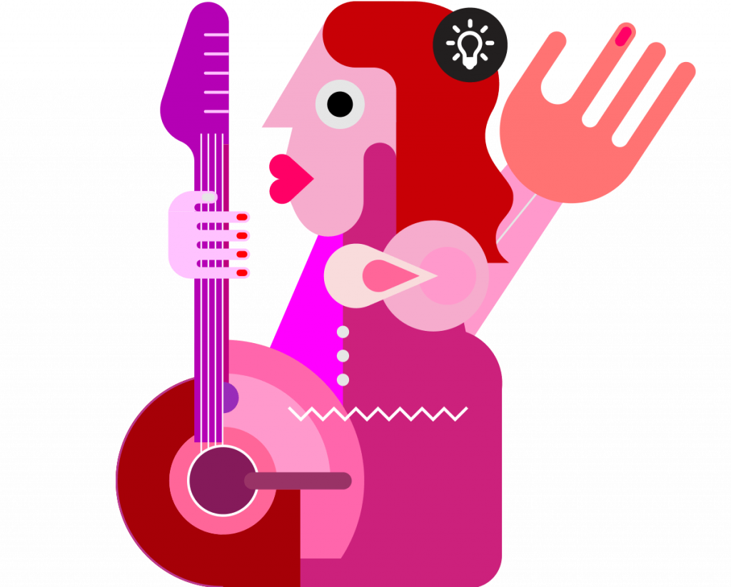 This is a graphic illustration of an abstracted figure holding a guitar. It is  created from simple shapes and is primarily illustrated in bold pinks, reds, purples and magentas. 
