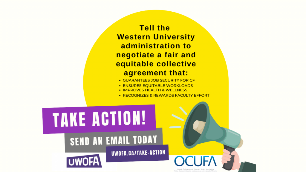 This is an illustration for UWOFA and OCUFA. It shows a large yellow circular shaped background against white, at the lower right a hand holds an illustration of a megaphone. The text in the yellow background reads: "Tell the Western University administration to negotiate a fair and equitable collective agreement that: guarantees job security for cf, ensures equitable workloads, improves health and wellness, recognizes and rewards faculty. effort. Below the yellow shape is a purple banner reading TAKE ACTION! Below this is a grey banner which reads: "Send an email today uwofa.ca/take-action. The UWOFA and OCUFA logos are at the bottom of the graphic. 