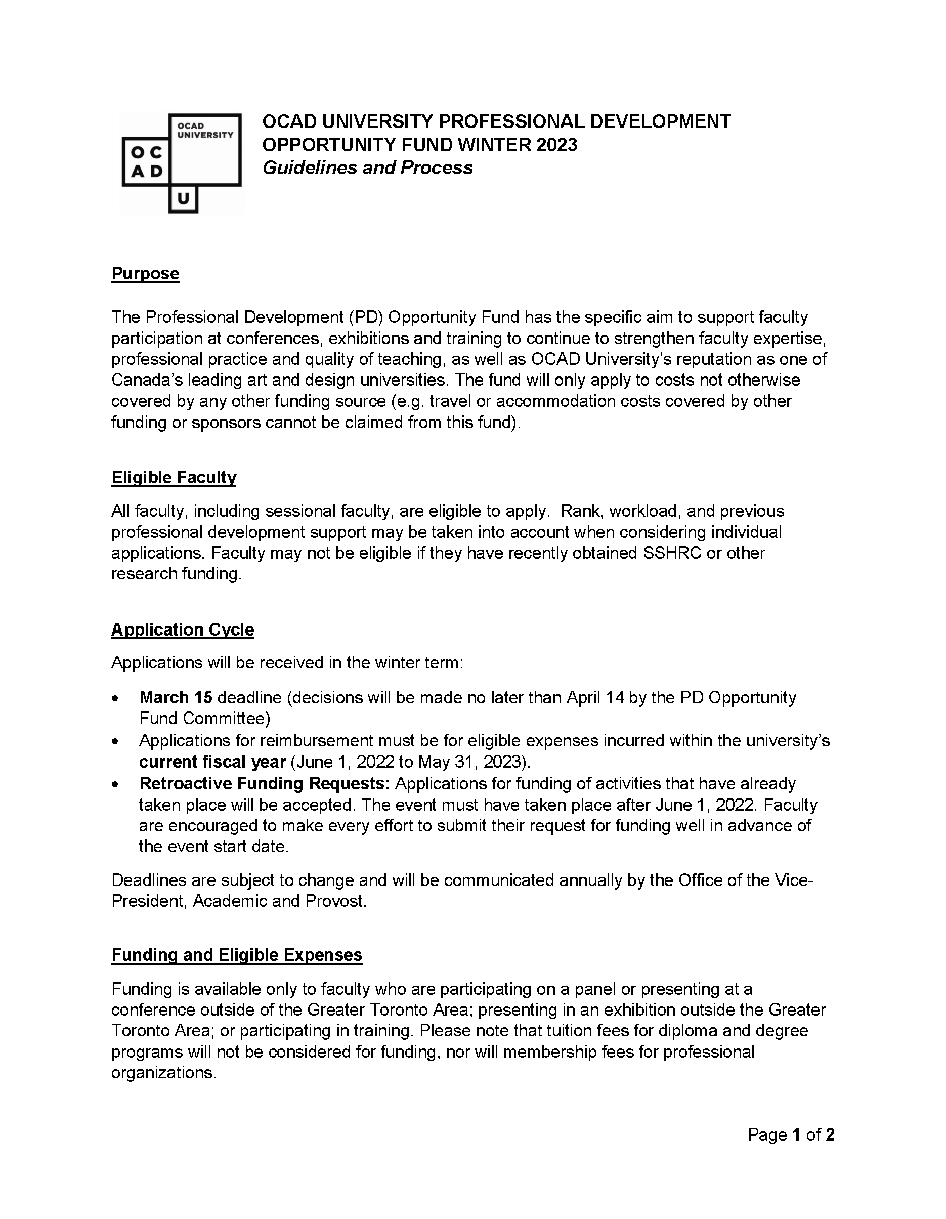 This is an image capture of OCAD University's Professional Development Opportunity Fund Guidelines and Process Information