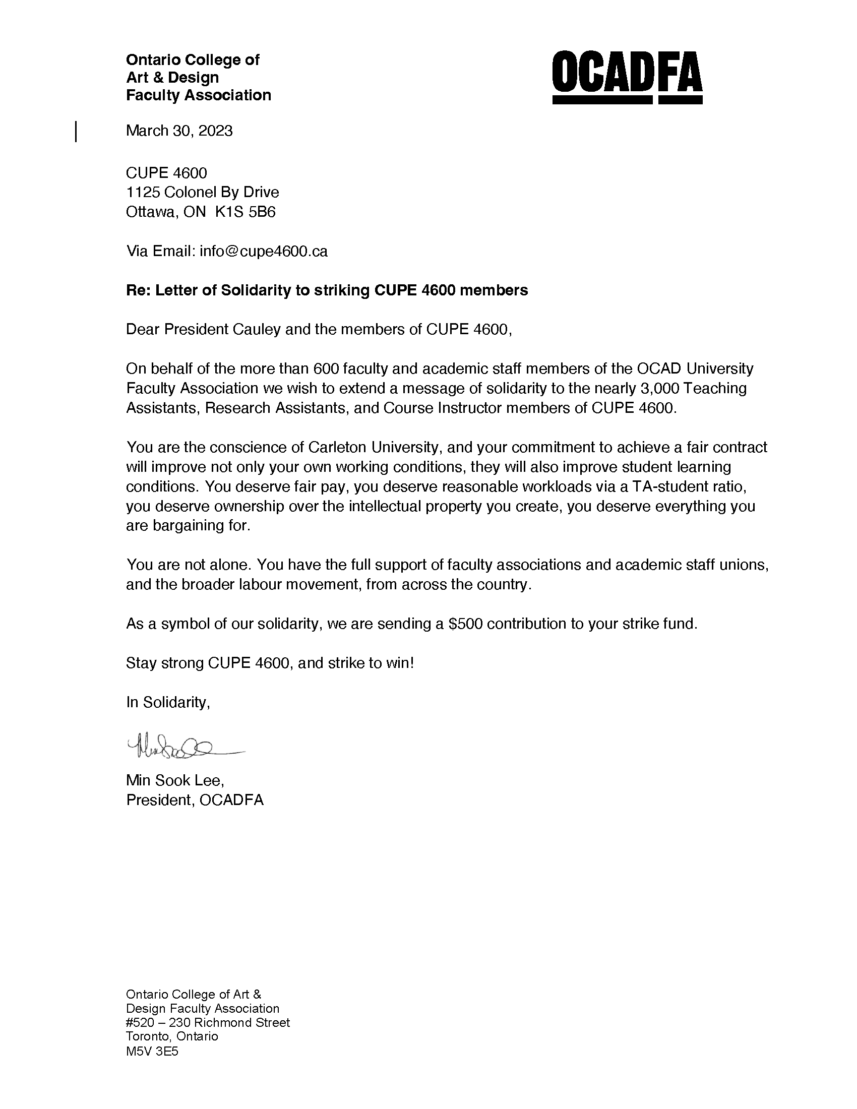This is a screenshot of OCADFA's letter of support for CUPE 4600. The accessible PDF document can be found on the page.