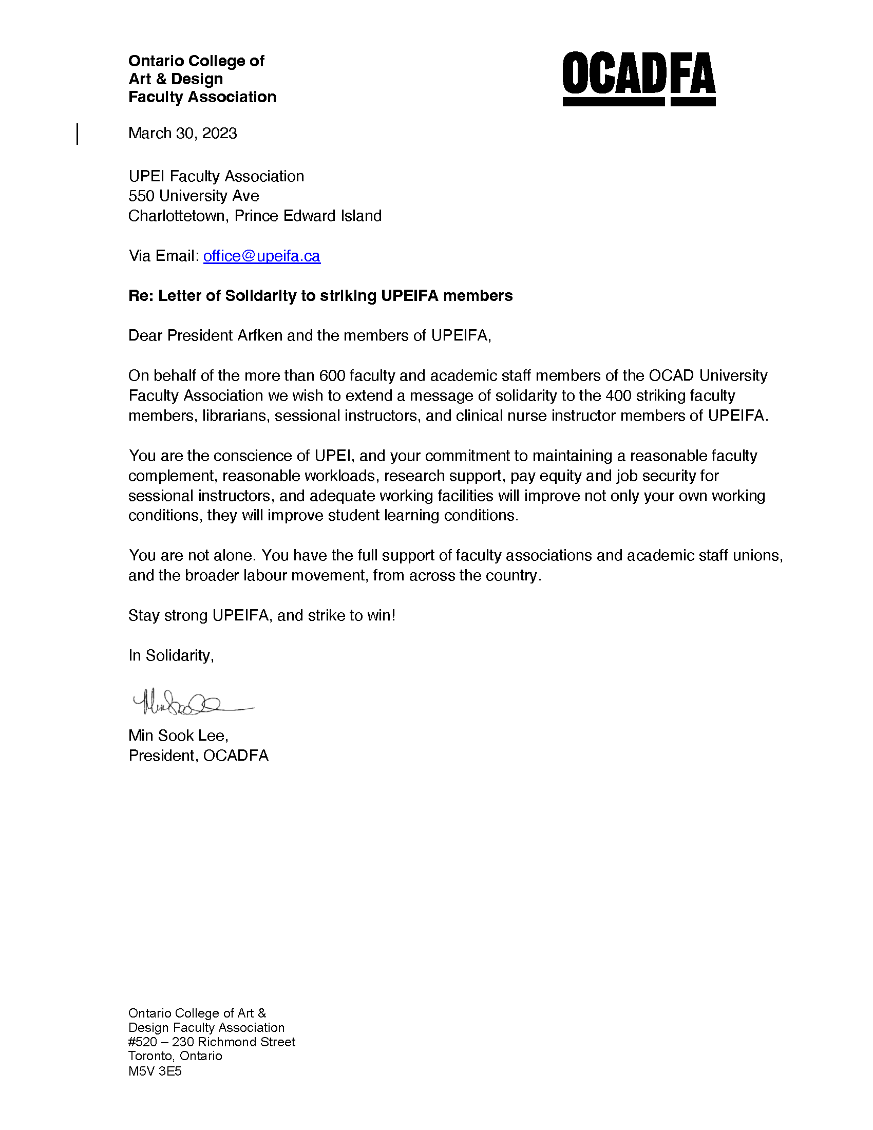 This is a screenshot of the letter of solidarity from OCADFA, the PDF can be found on the page.