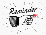 This is a graphic that shows a finger pointing to the right side of the screen, the finger has a reminder string tied around the pointing finger. The script text above it says Reminder. It is in black and white and the string is red.