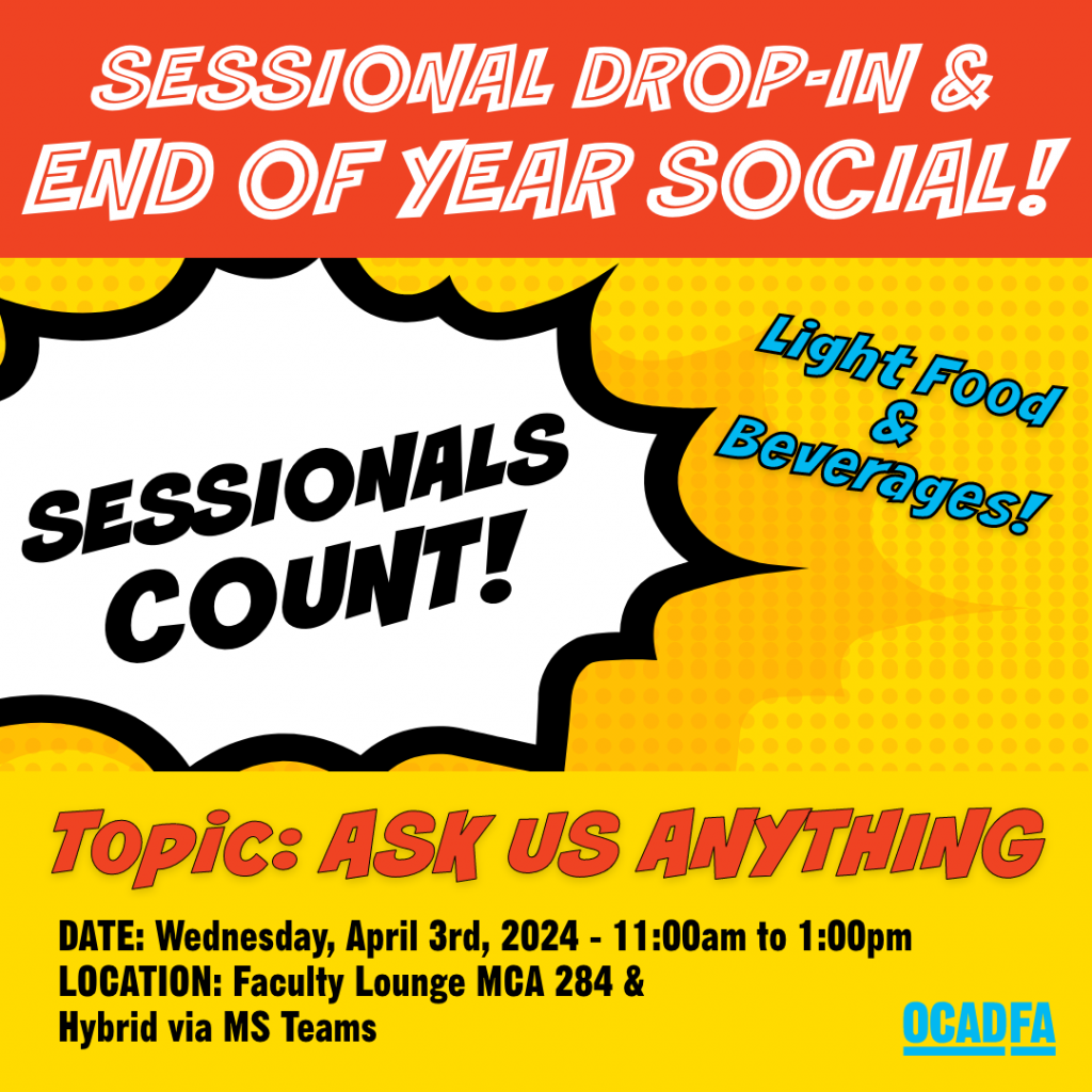 This is a graphic with a graphic novel style look. The background alternates between reddish-orange and yellow with small dark yellow polka dots. The graphic in the centre appears like an explosion and the words in the centre reads: Sessionals Count!. The text on the rest of the graphic reads: Sessional Drop-in and End of Year Social! Light Food & Beverages Topic ASK US ANYTHING. Date: Wednesday, April 3rd, 2024 - 11am to 1p. Location: Faculty Lounge MCA 284 and Hybrid via MS Teams. The OCADFA logo is in the lower right hand corner. 